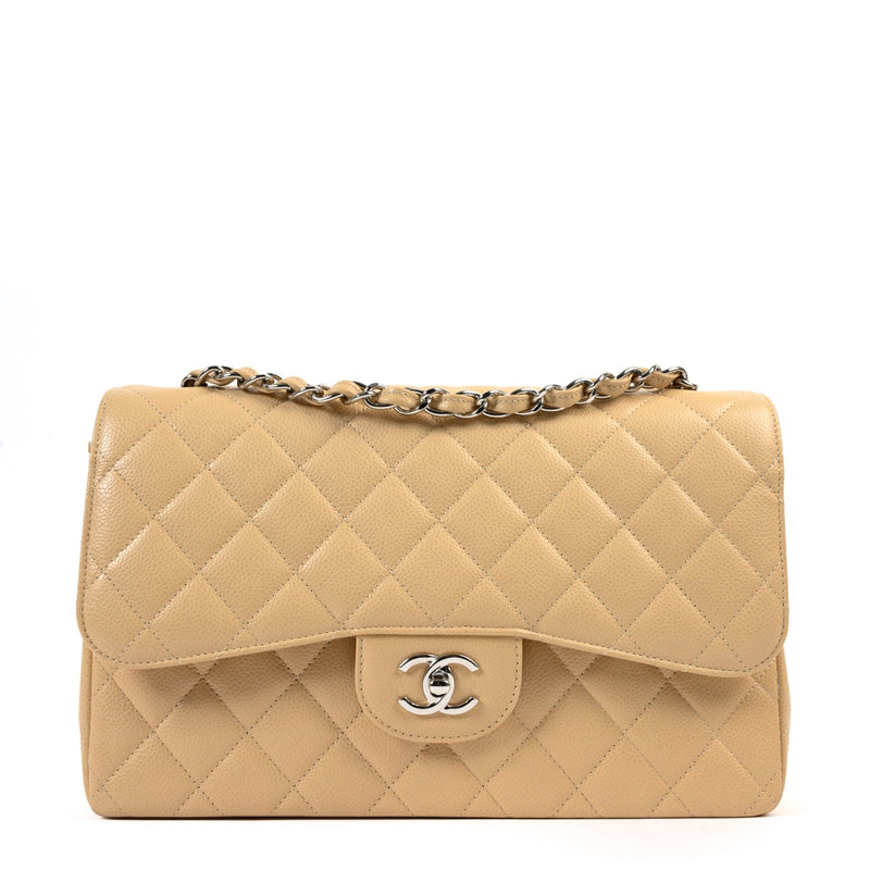Chanel Beige Kaviaarleer Klassieke Flap Tas Jumbo