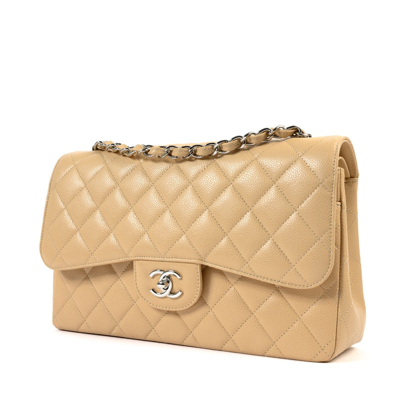 Chanel Beige Kaviaarleer Klassieke Flap Tas Jumbo