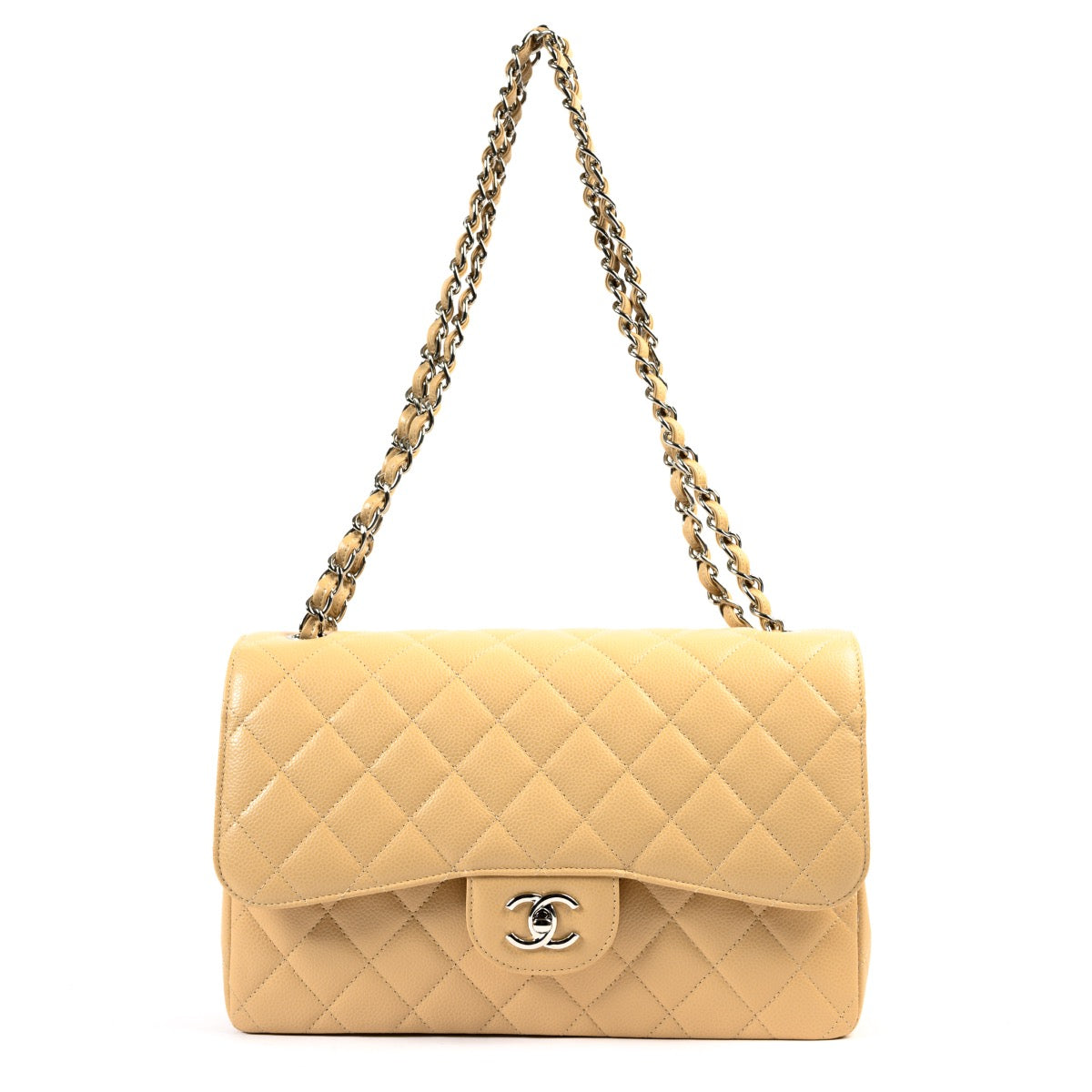 Chanel Beige Caviar Leather Classic Flap Bag Jumbo