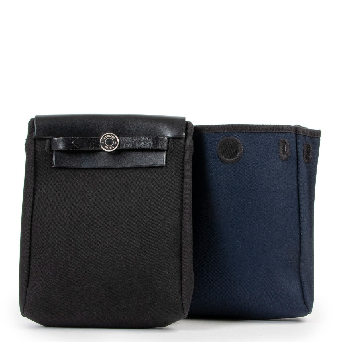shop designer vintage authentic Hermès Black & Navy Canvas Mini Herbag TPM at Labellov
