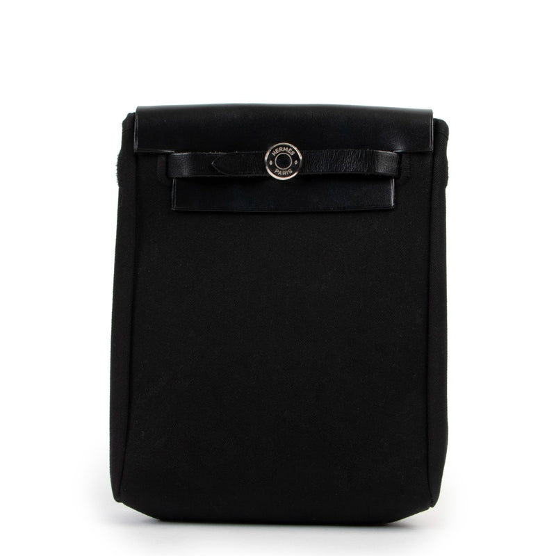 shop designer vintage authentic Hermès Black & Navy Canvas Mini Herbag TPM at Labellov
