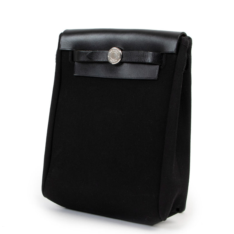 shop designer vintage authentic Hermès Black & Navy Canvas Mini Herbag TPM at Labellov