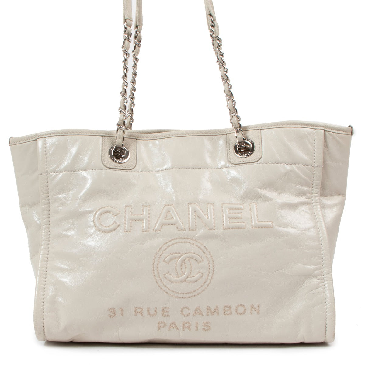 Chanel White Glazed Leather Small Deauville Tote Bag