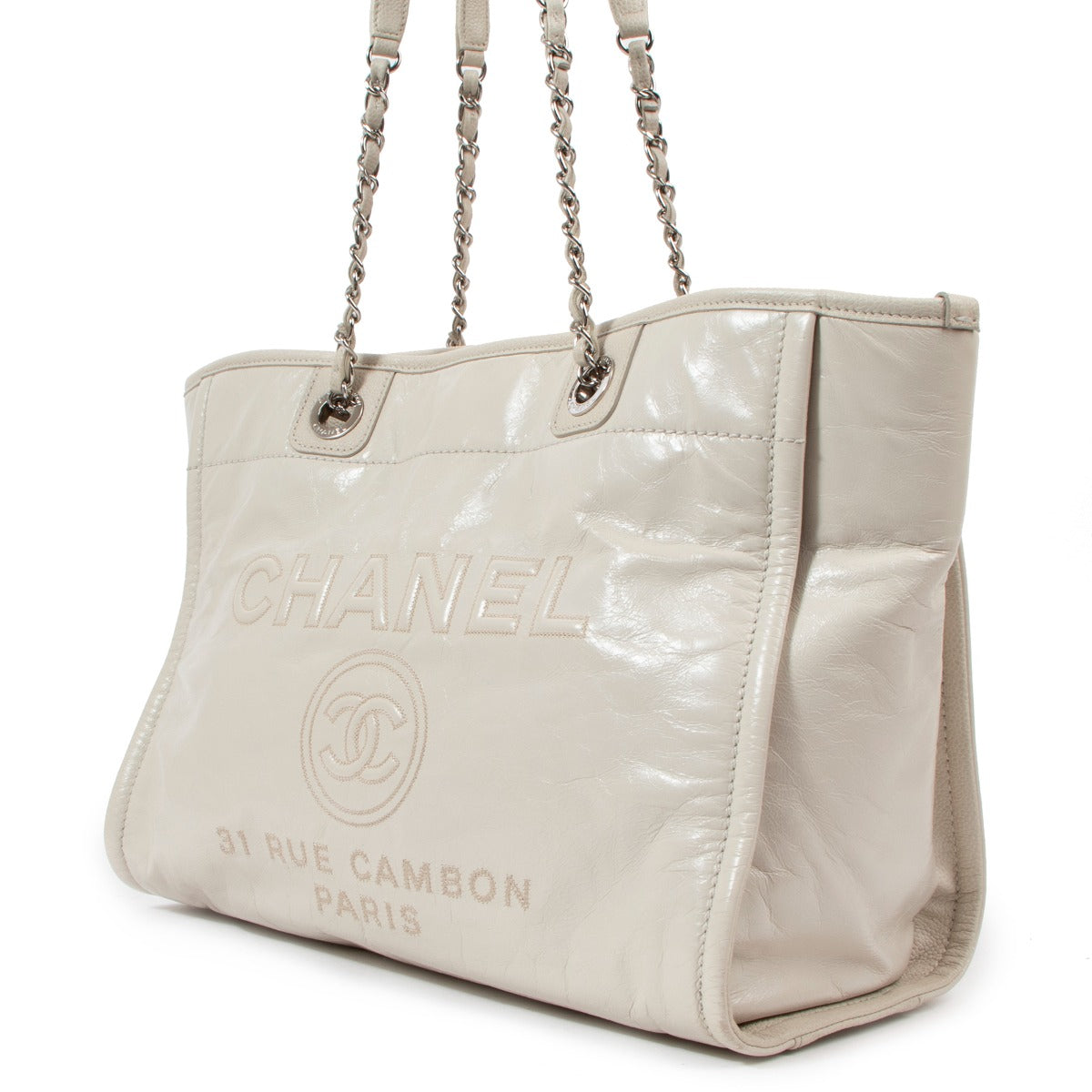 Chanel White Glazed Leather Small Deauville Tote Bag