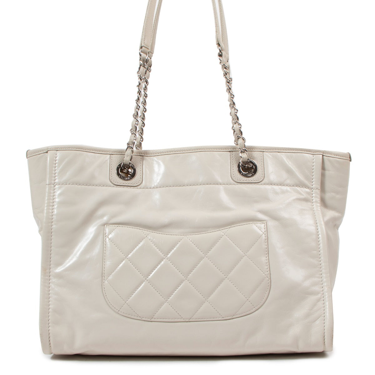 Sac fourre-tout petit modèle Deauville en cuir glacé blanc Chanel