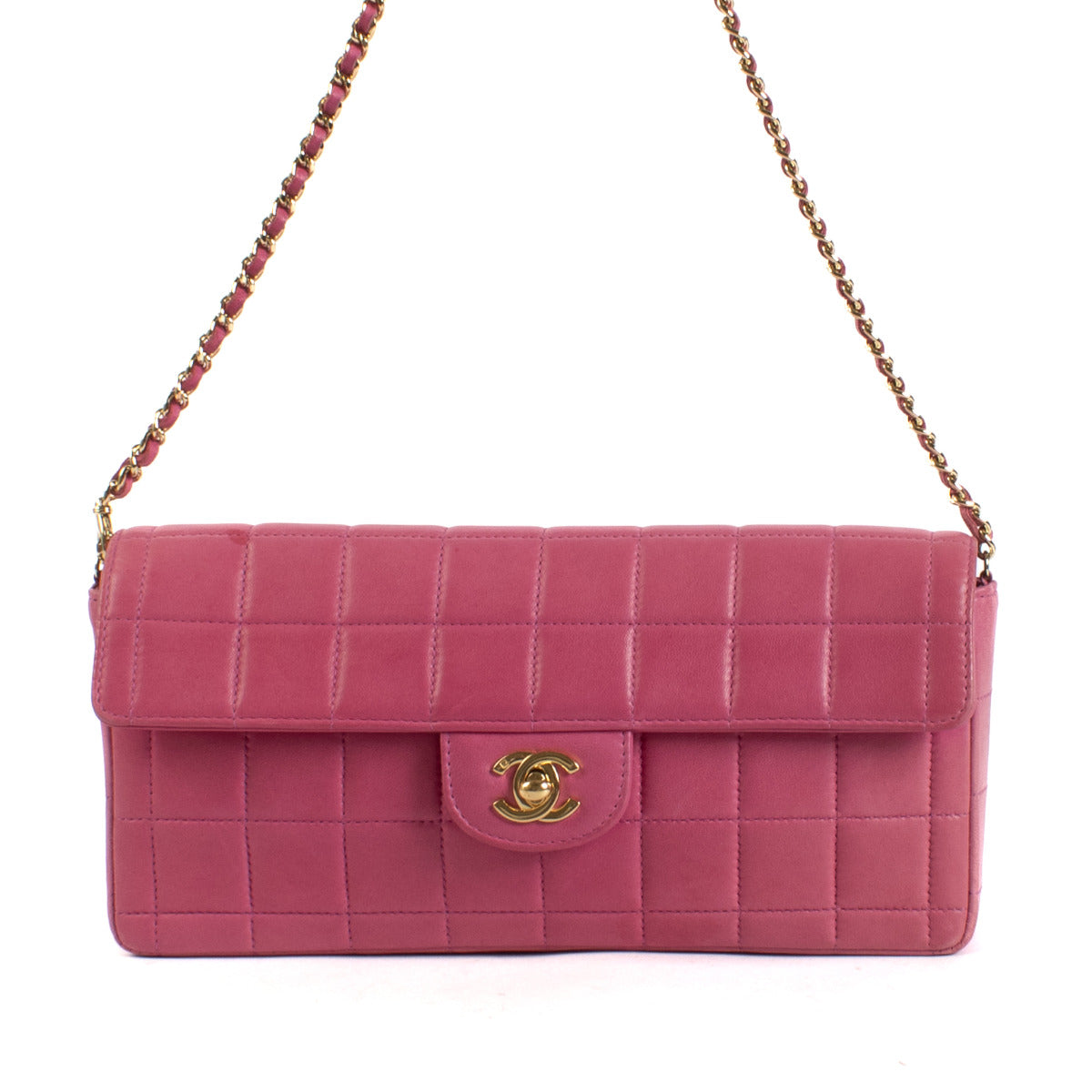 Indulge in the sweet sophistication of the Chanel Pink Chocolate Bar East West Bag, a delightful fusion of elegance and playful charm. This exquisite handbag, crafted by the legendary fashion house Chanel, is designed to add a touch of chic to your wardro