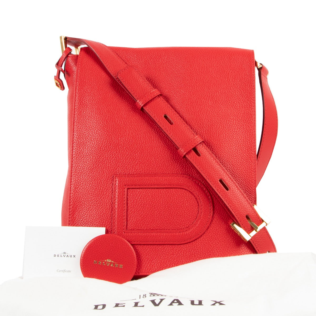 buy online authentic second hand affordable Delvaux Louise Baudrier PM Padlock Bright Red Crossbody Bag by Lebellov