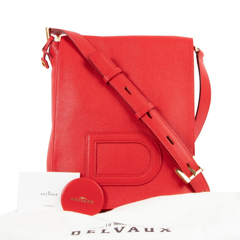 buy online authentic second hand affordable Delvaux Louise Baudrier PM Padlock Bright Red Crossbody Bag by Lebellov