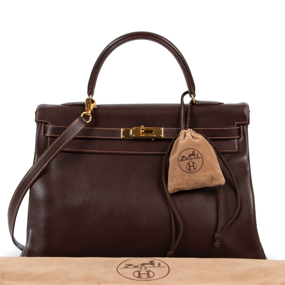 Buy an authentic second hand Hermès Kelly 35 Gulliver Leather Havane GHW at Labellov