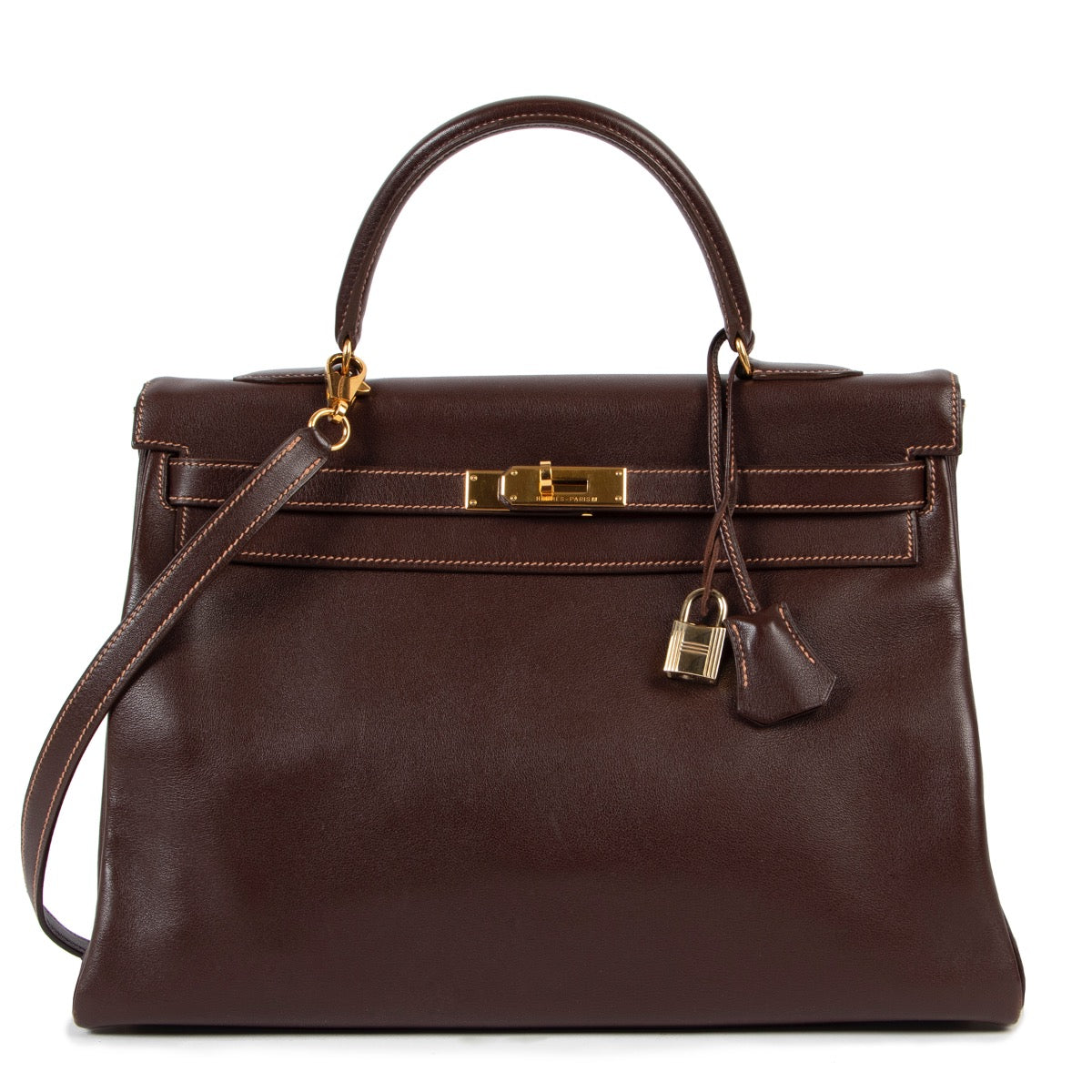 Buy an authentic second hand Hermès Kelly 35 Gulliver Leather Havane GHW at Labellov