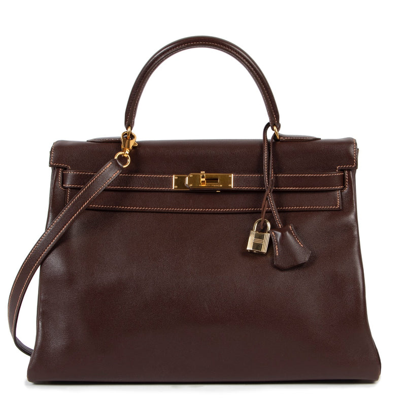 Buy an authentic second hand Hermès Kelly 35 Gulliver Leather Havane GHW at Labellov
