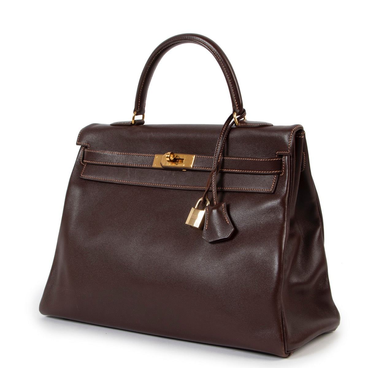 Buy an authentic second hand Hermès Kelly 35 Gulliver Leather Havane GHW at Labellov