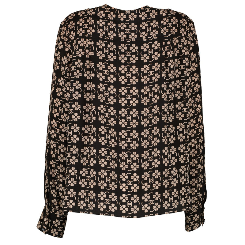 Chanel 01P Black CC Clover Print Silk Shirt