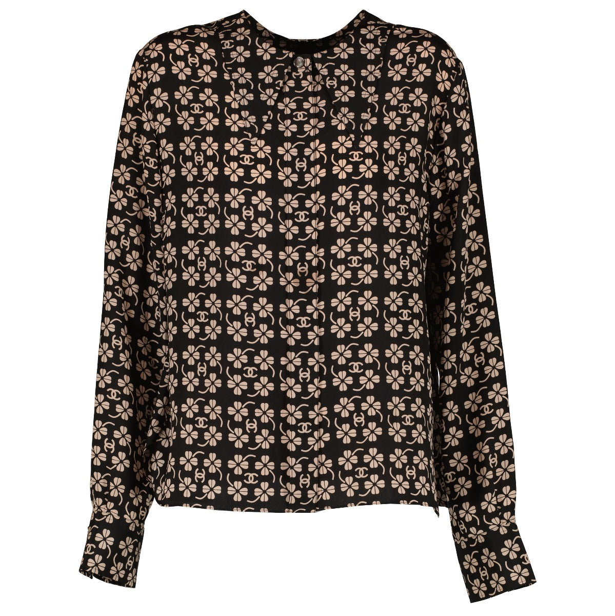 Chanel 01P Black CC Clover Print Silk Shirt