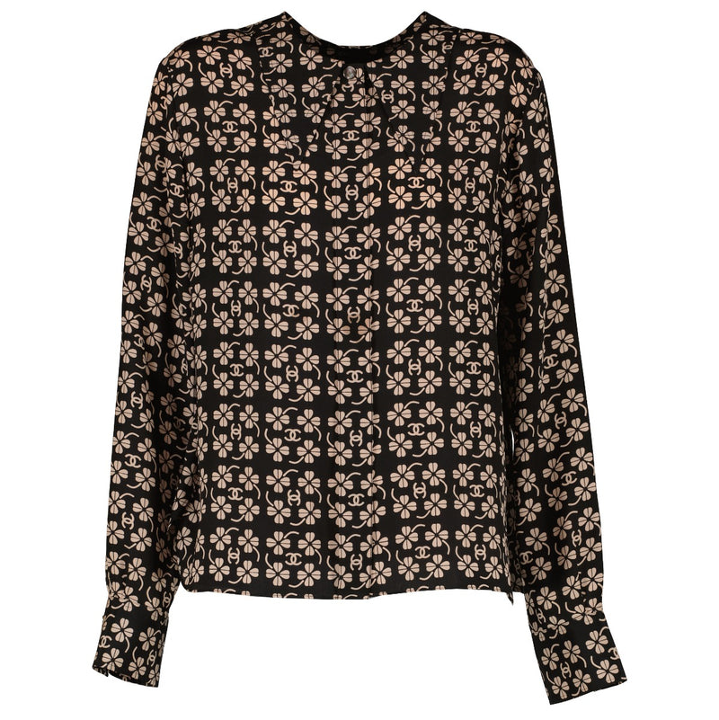 Chanel 01P Black CC Clover Print Silk Shirt