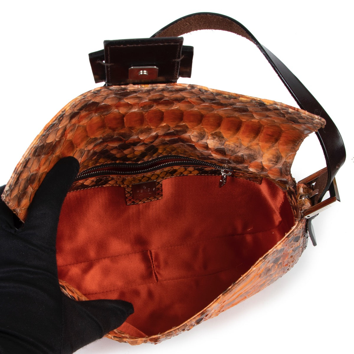 Shop safe online at Labellov in Antwerp this 100% authentic second hand Fendi Orange Painted Python Baguette Shoulder Bag