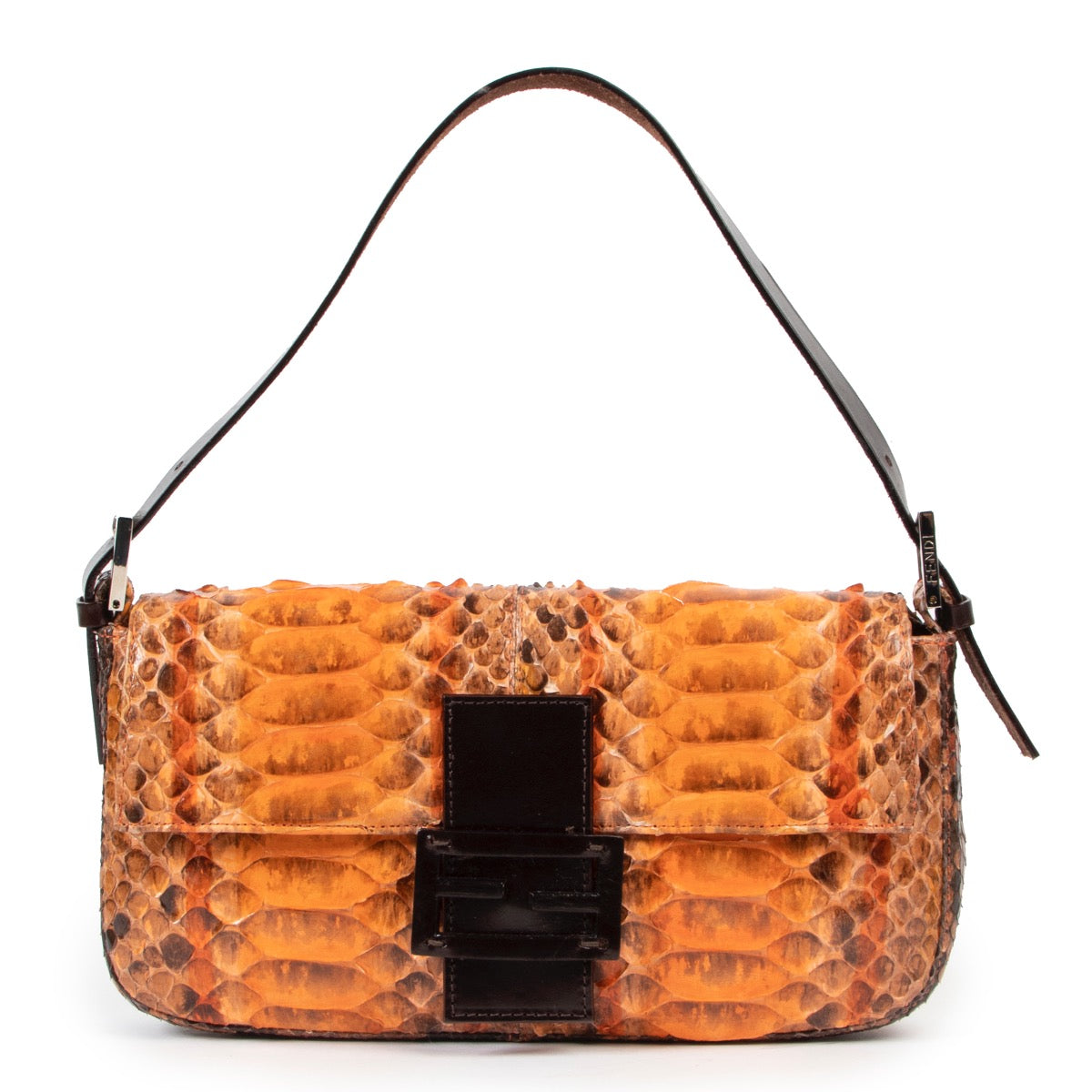 Shop safe online at Labellov in Antwerp this 100% authentic second hand Fendi Orange Painted Python Baguette Shoulder Bag