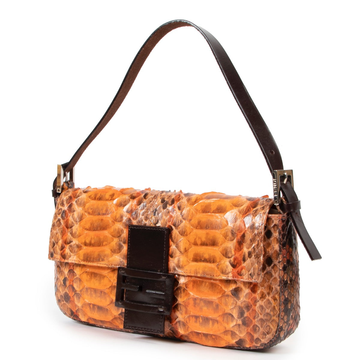 Shop safe online at Labellov in Antwerp this 100% authentic second hand Fendi Orange Painted Python Baguette Shoulder Bag