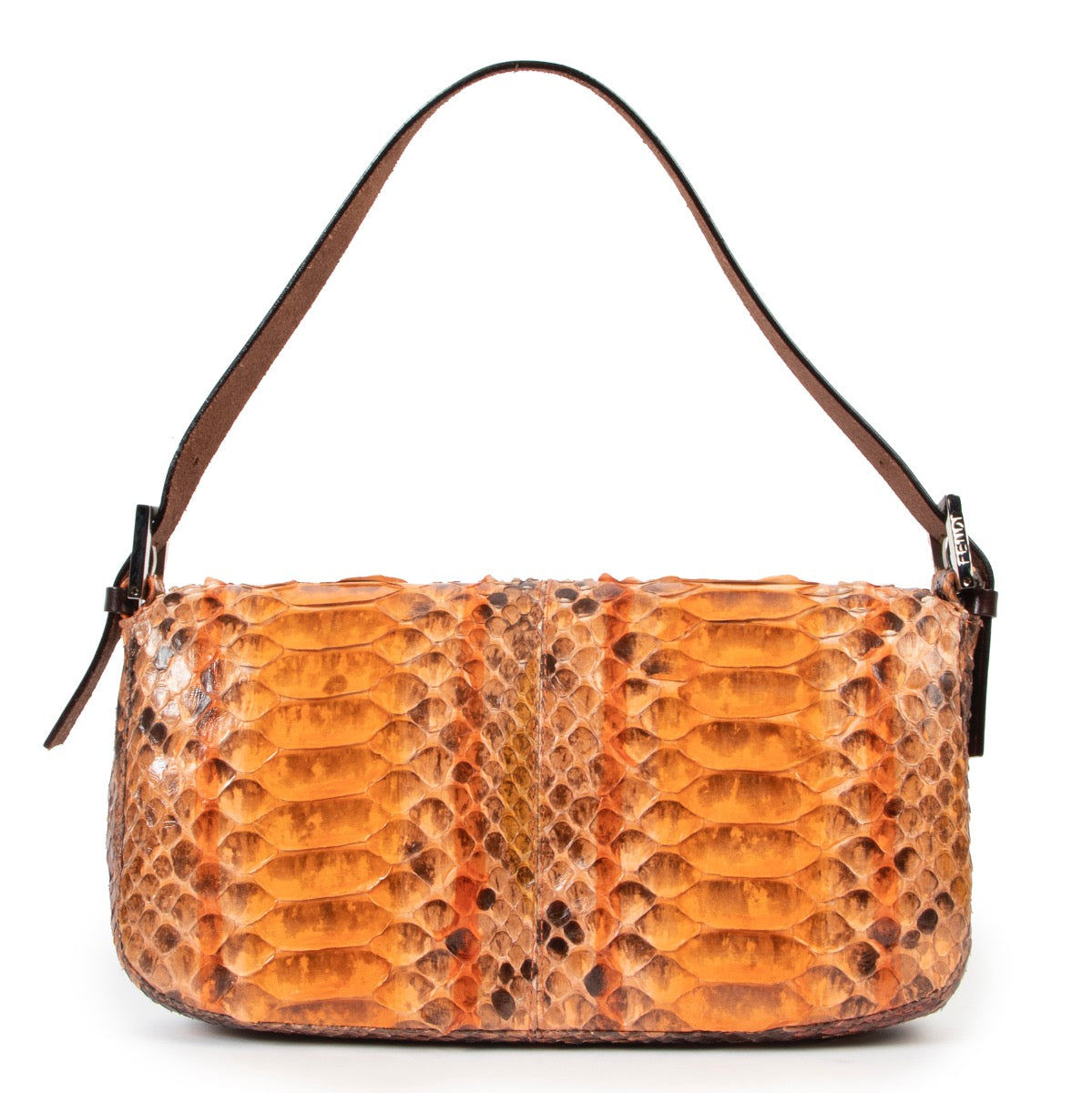Shop safe online at Labellov in Antwerp this 100% authentic second hand Fendi Orange Painted Python Baguette Shoulder Bag