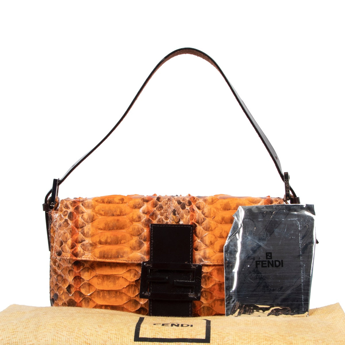 Shop safe online at Labellov in Antwerp this 100% authentic second hand Fendi Orange Painted Python Baguette Shoulder Bag