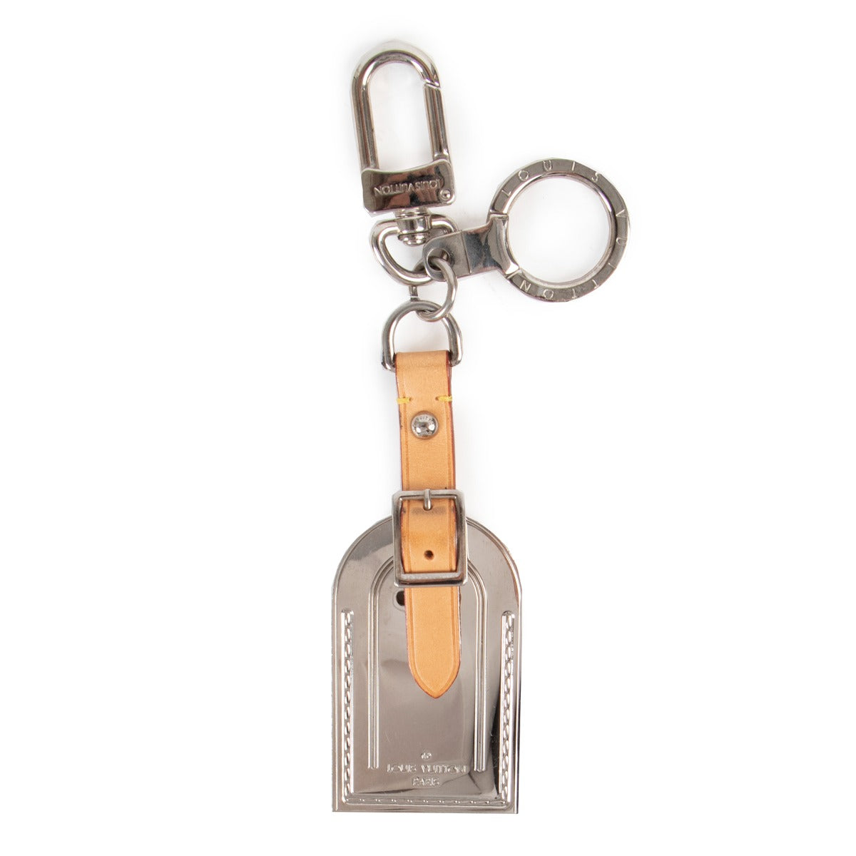 Louis Vuitton Silver Metal Luggage Tag Key Ring, Louis Vuitton key ring, Louis Vuitton luggage tag, Preloved Louis Vuitton key ring.