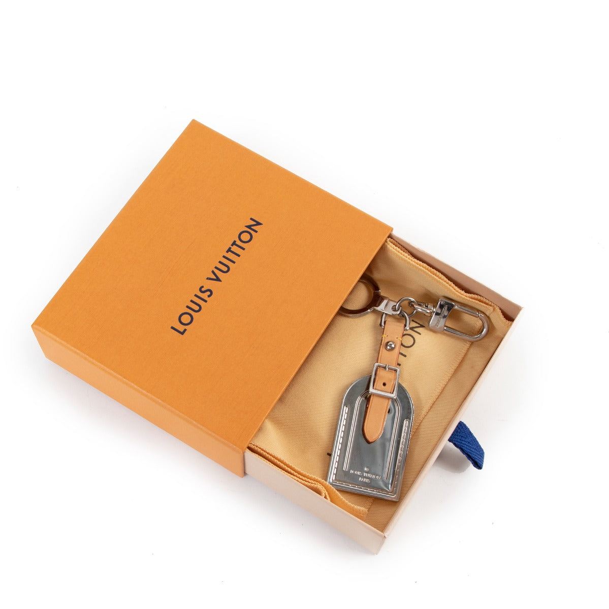 Louis Vuitton Silver Metal Luggage Tag Key Ring, Louis Vuitton key ring, Louis Vuitton luggage tag, Preloved Louis Vuitton key ring.