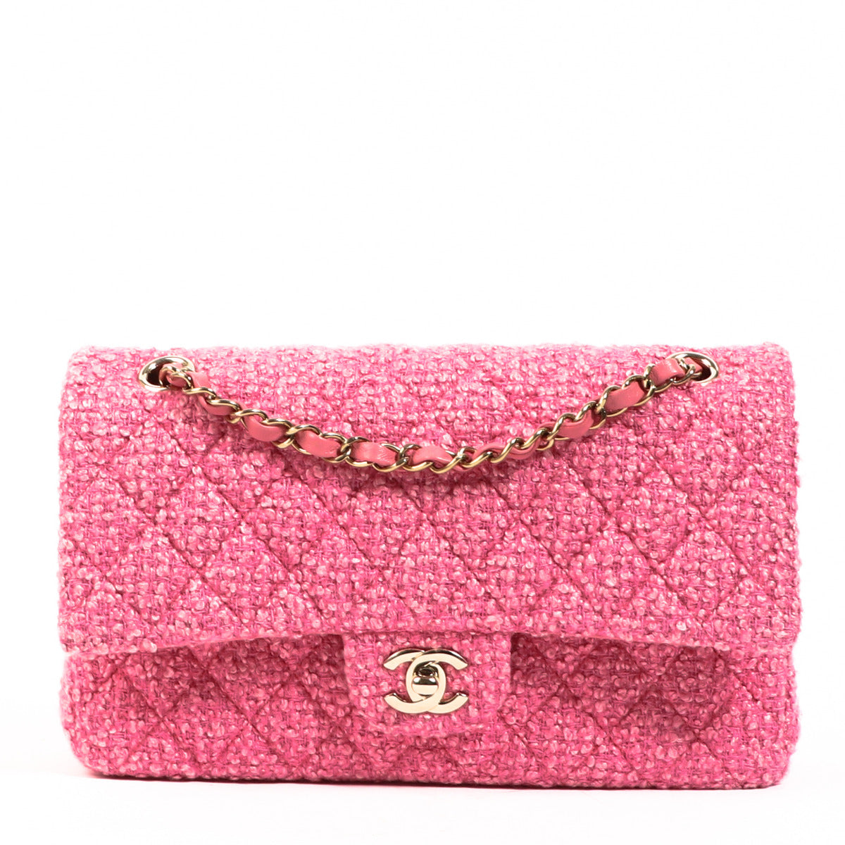 Chanel Pink Tweed Medium Classic Flap Bag for the best price at Labellov secondhand luxury in Antwerp. We buy and sell your authentic designer bags online.