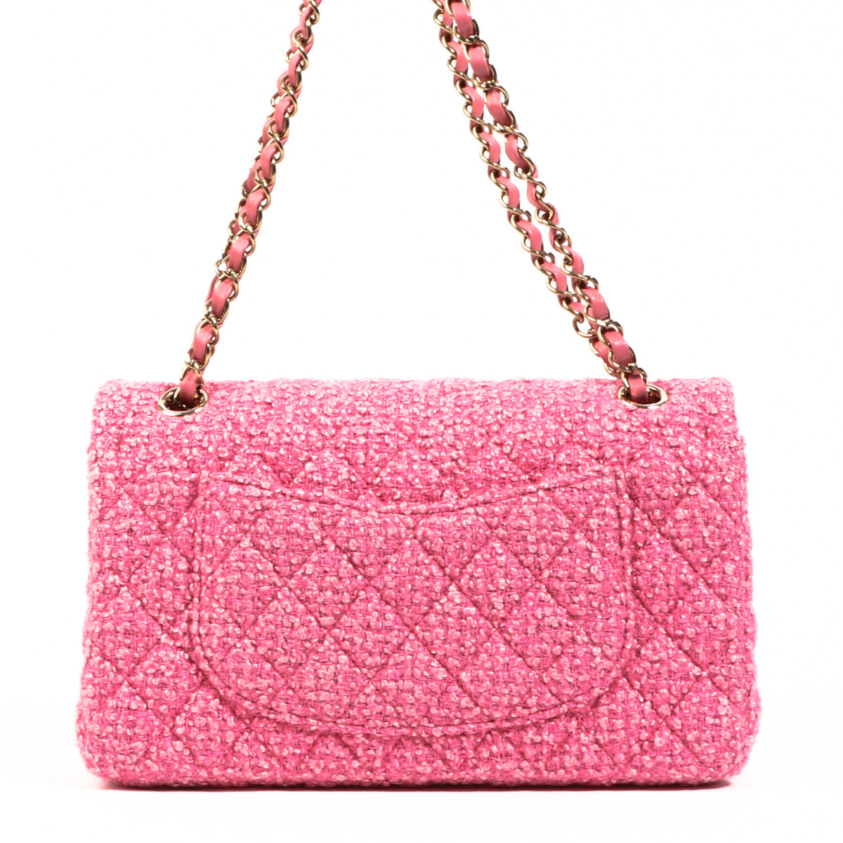 Chanel Pink Tweed Medium Classic Flap Bag for the best price at Labellov secondhand luxury in Antwerp. We buy and sell your authentic designer bags online.