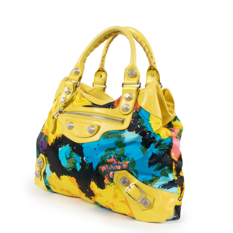 Balenciaga Yellow Floral Print Satin Giant 21 Velo Bag