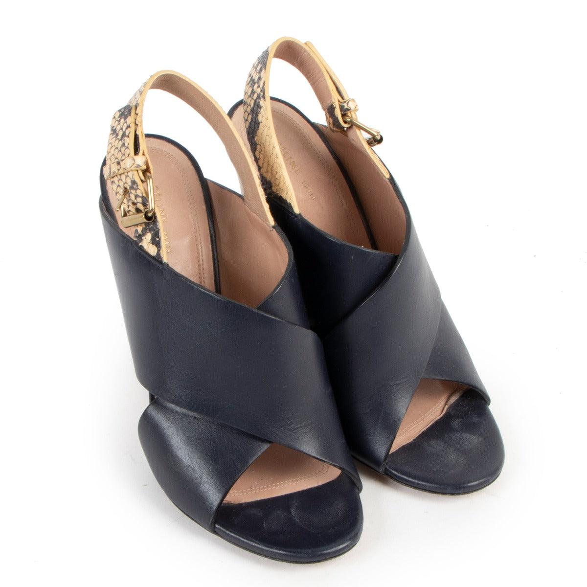 Celine Escarpins Compensés en Cuir Bleu Marine et Toile - Taille 38