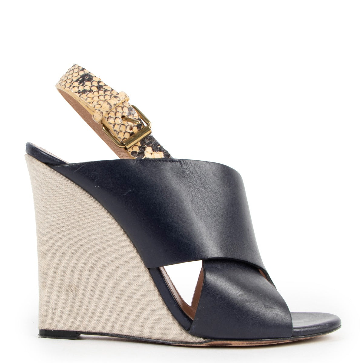 Celine Escarpins Compensés en Cuir Bleu Marine et Toile - Taille 38