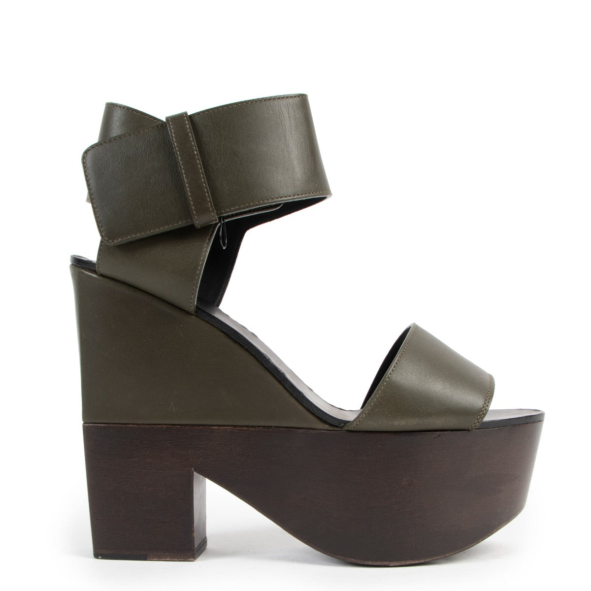 Celine Green Leather Wooden Wedge Sandals