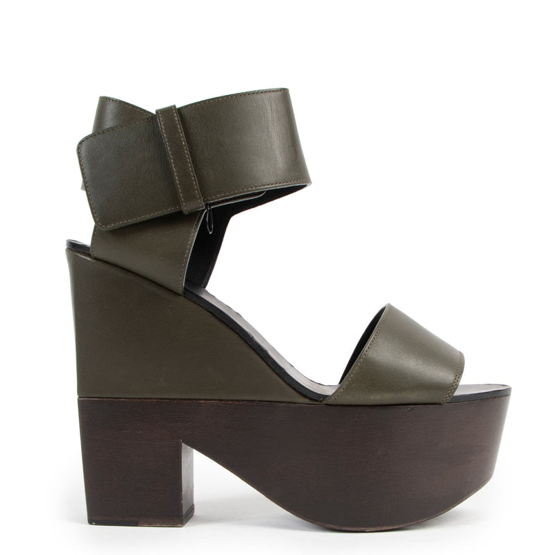 Celine Green Leather Wooden Wedge Sandals