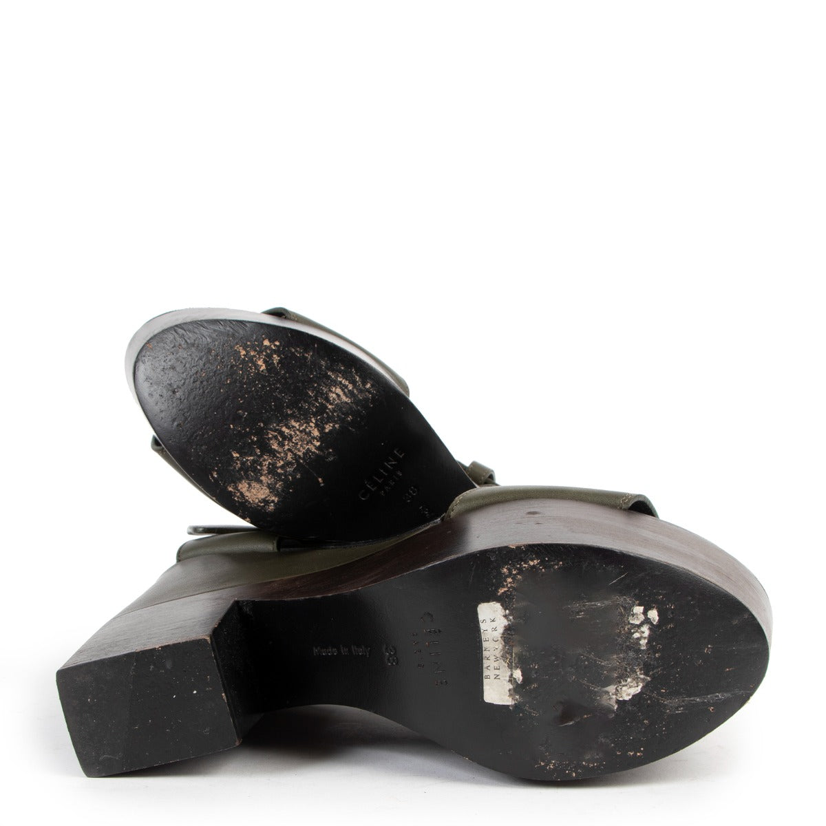 Celine Green Leather Wooden Wedge Sandals