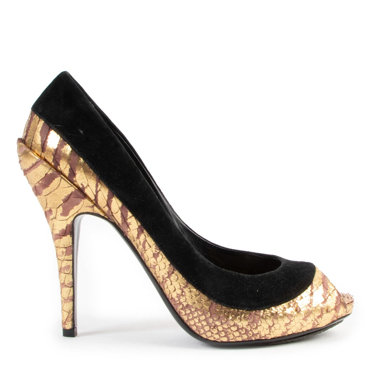 Christian Dior Black Suede And Metallic Snakeskin Open-Toe Pumps