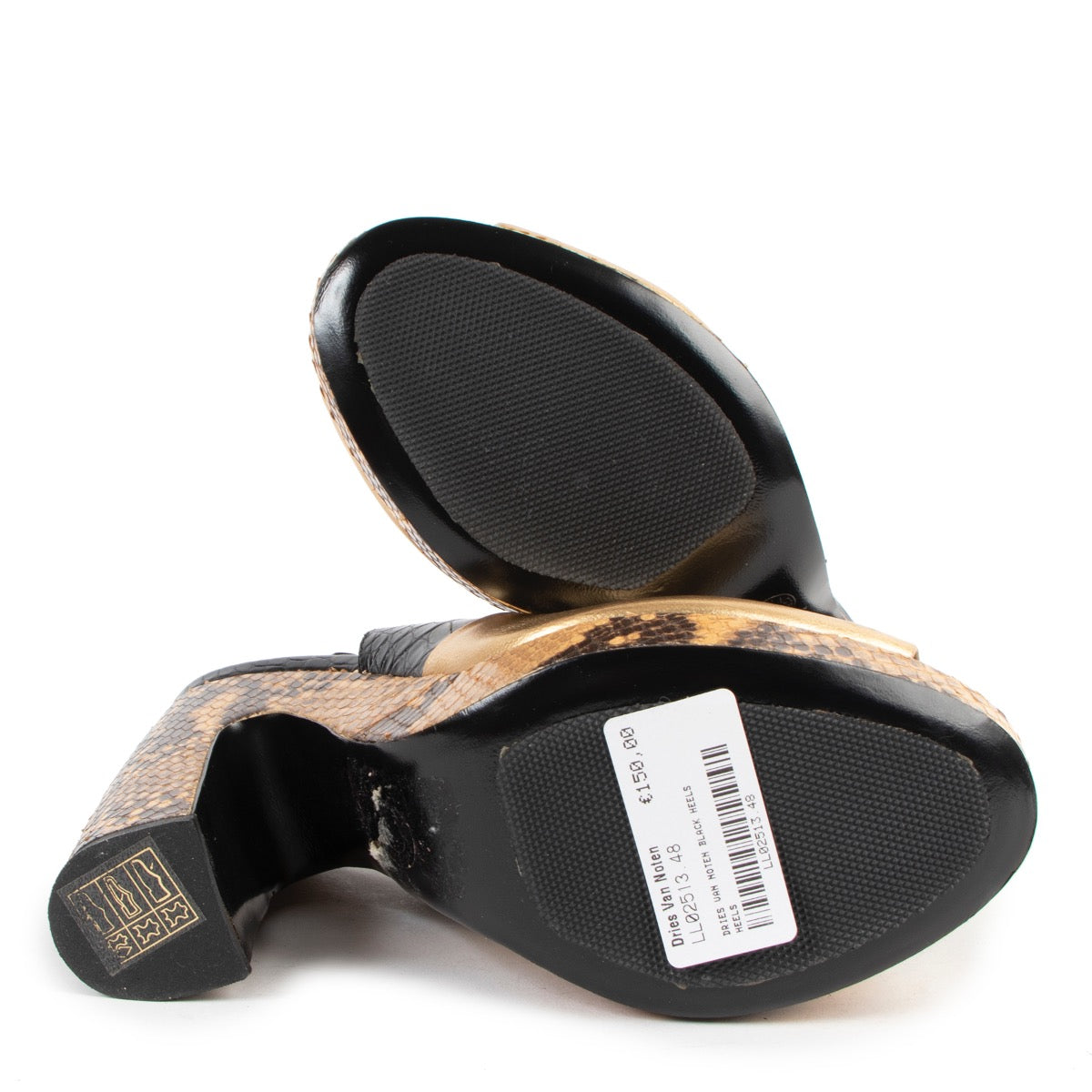 Buy online authentic second hand Dries Van Noten Black/Gold Snakeskin Platforms Open Toe Heels- Size 39 in very good condition at Labellov in Antwerp.