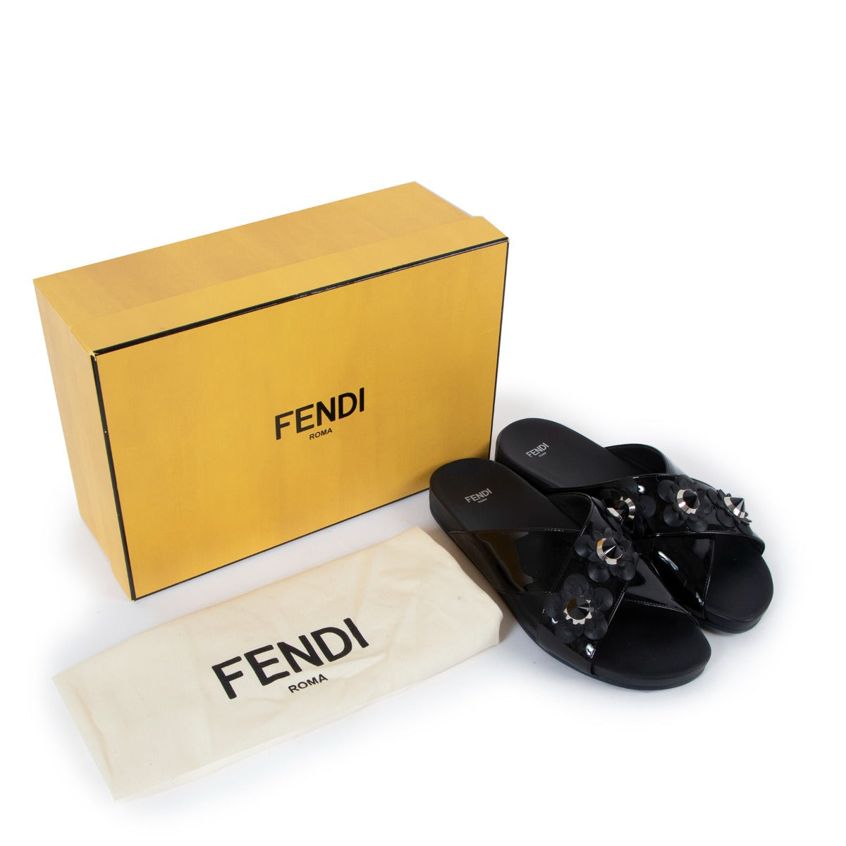 Fendi Manor Black Patent Leather Flowerland Slide Sandals