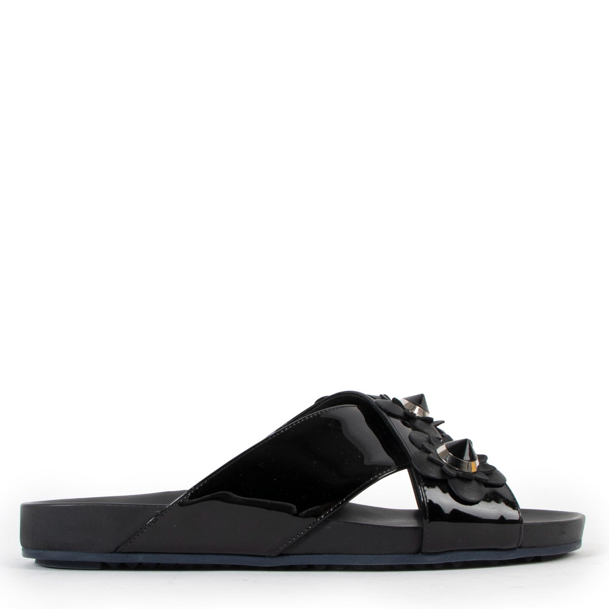 Fendi Manor Black Patent Leather Flowerland Slide Sandals