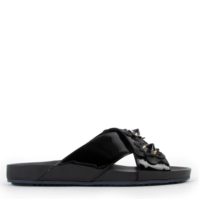 Fendi Manor Black Patent Leather Flowerland Slide Sandals