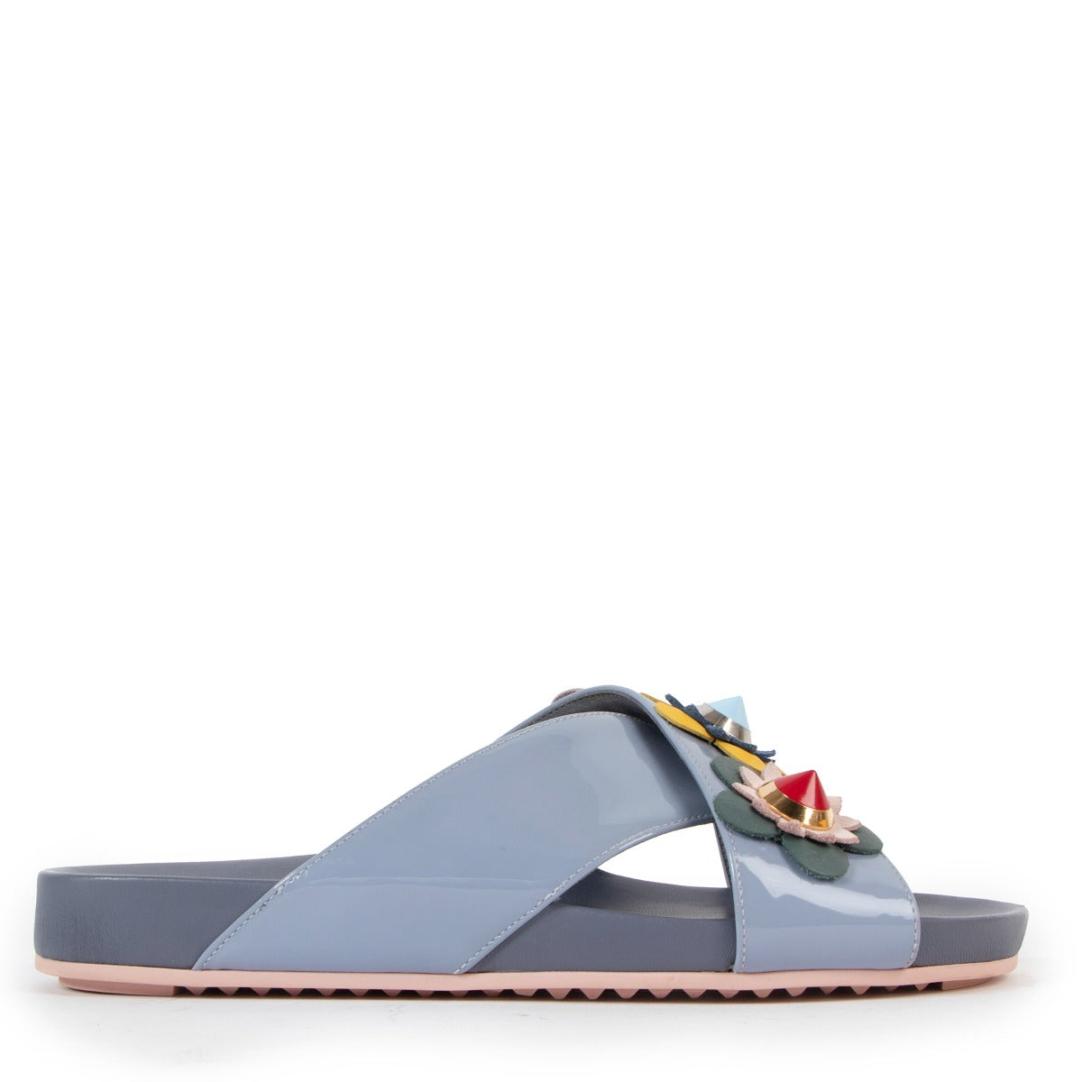 Fendi Manor Blue Patent Leather Flowerland Slide Sandals