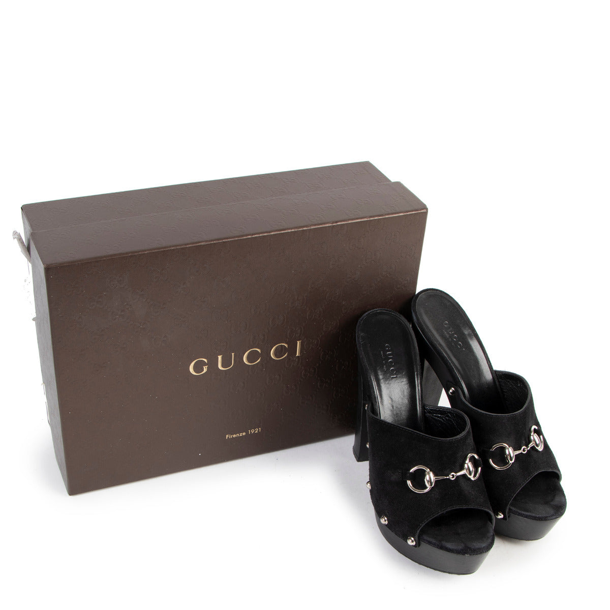 Gucci Black Suede Horsebit Clog Mules Heels - Size 38