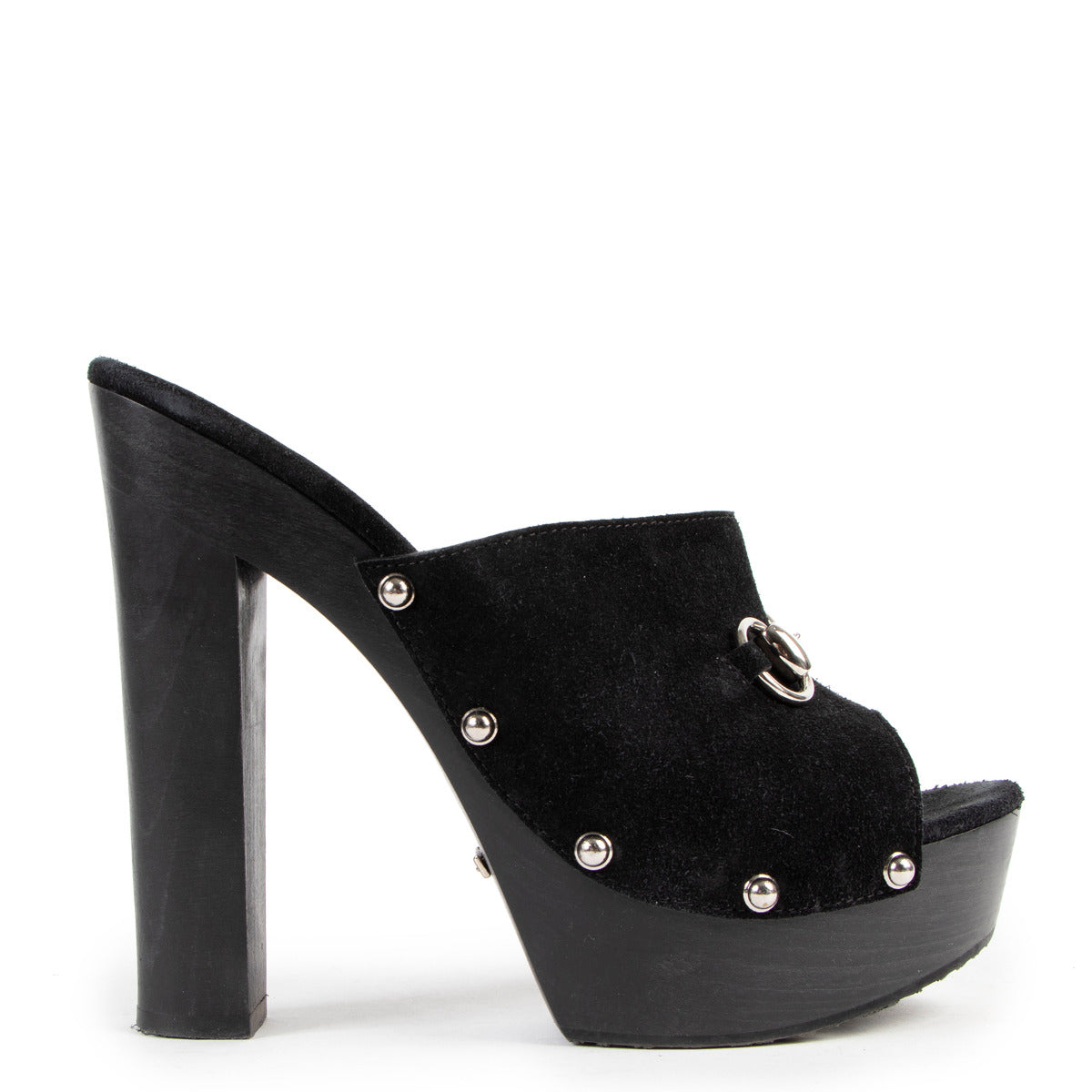 Gucci Black Suede Horsebit Clog Mules Heels - Size 38