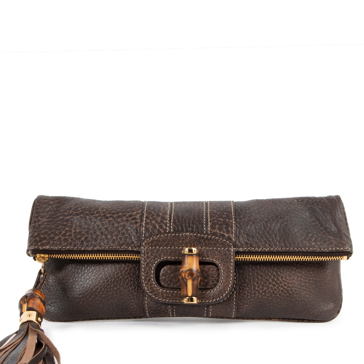 Shop safe online at Labellov in Antwerp this 100% authentic second hand Gucci Brown Leather Bamboo Clutch