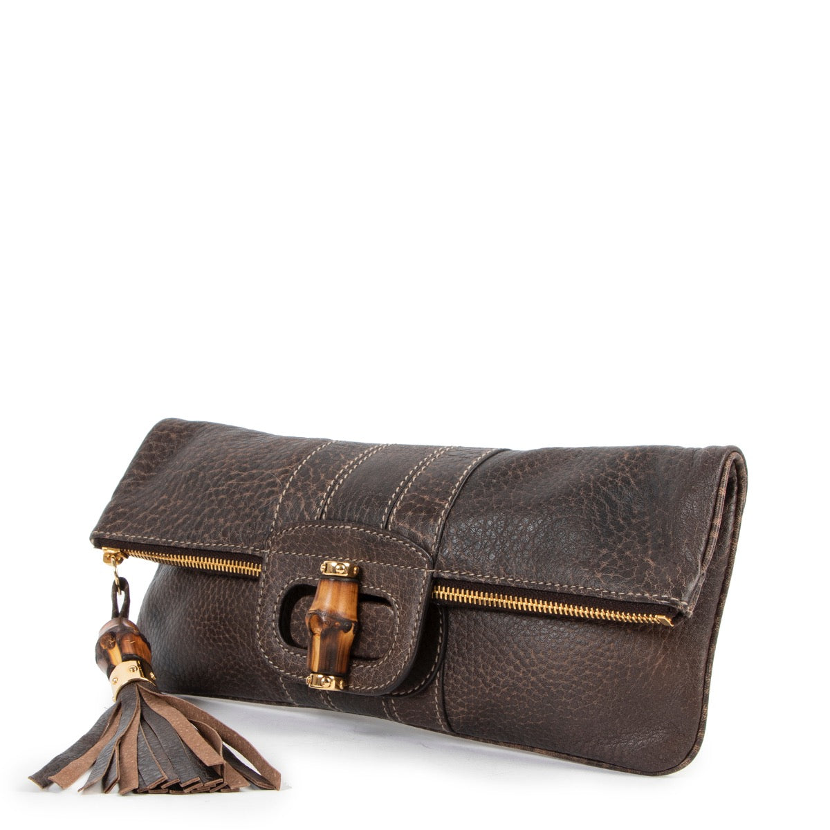 Shop safe online at Labellov in Antwerp this 100% authentic second hand Gucci Brown Leather Bamboo Clutch