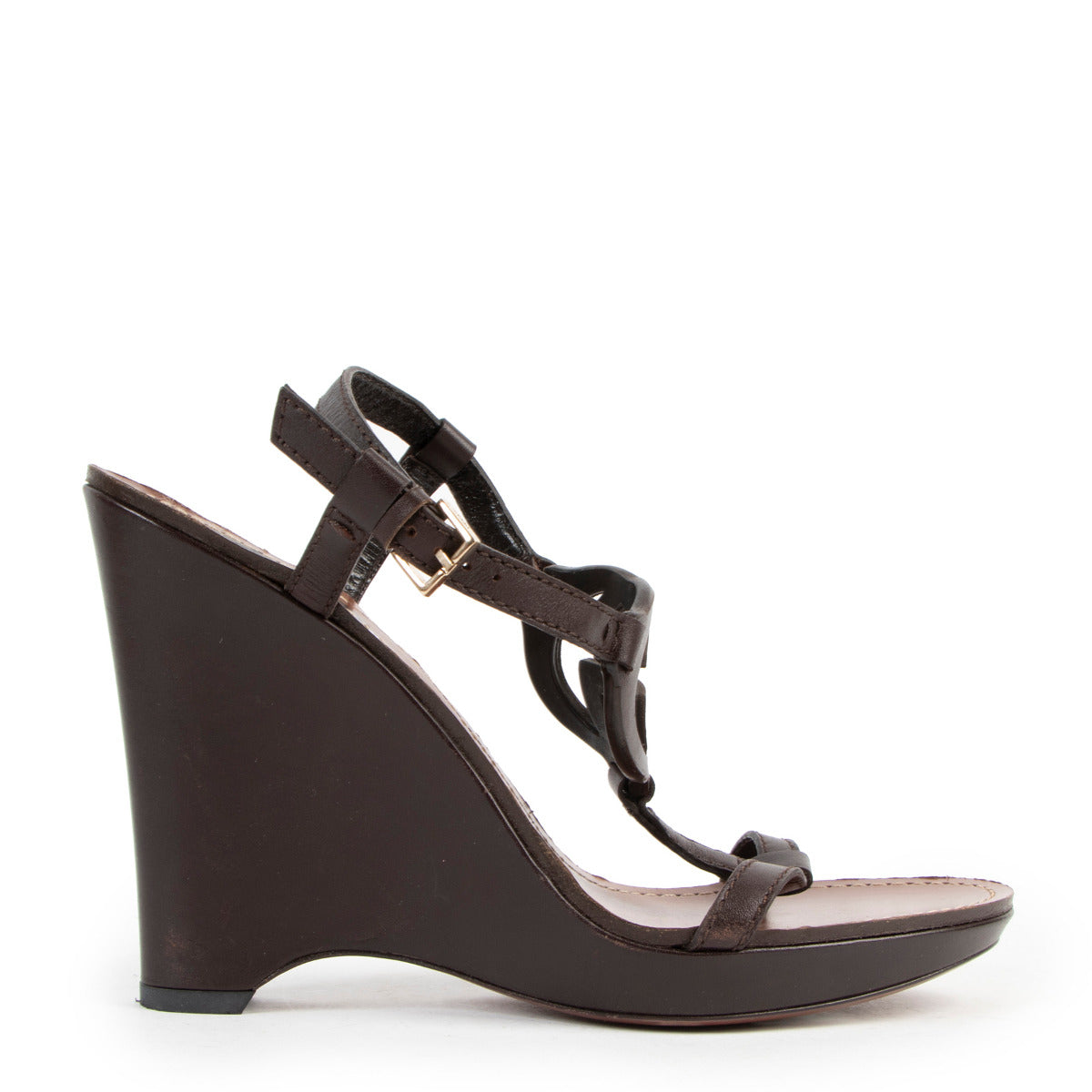 Gucci Brown Leather GG Wedge Sandals - Size 38 for the best price at Labellov secondhand luxury in Antwerp