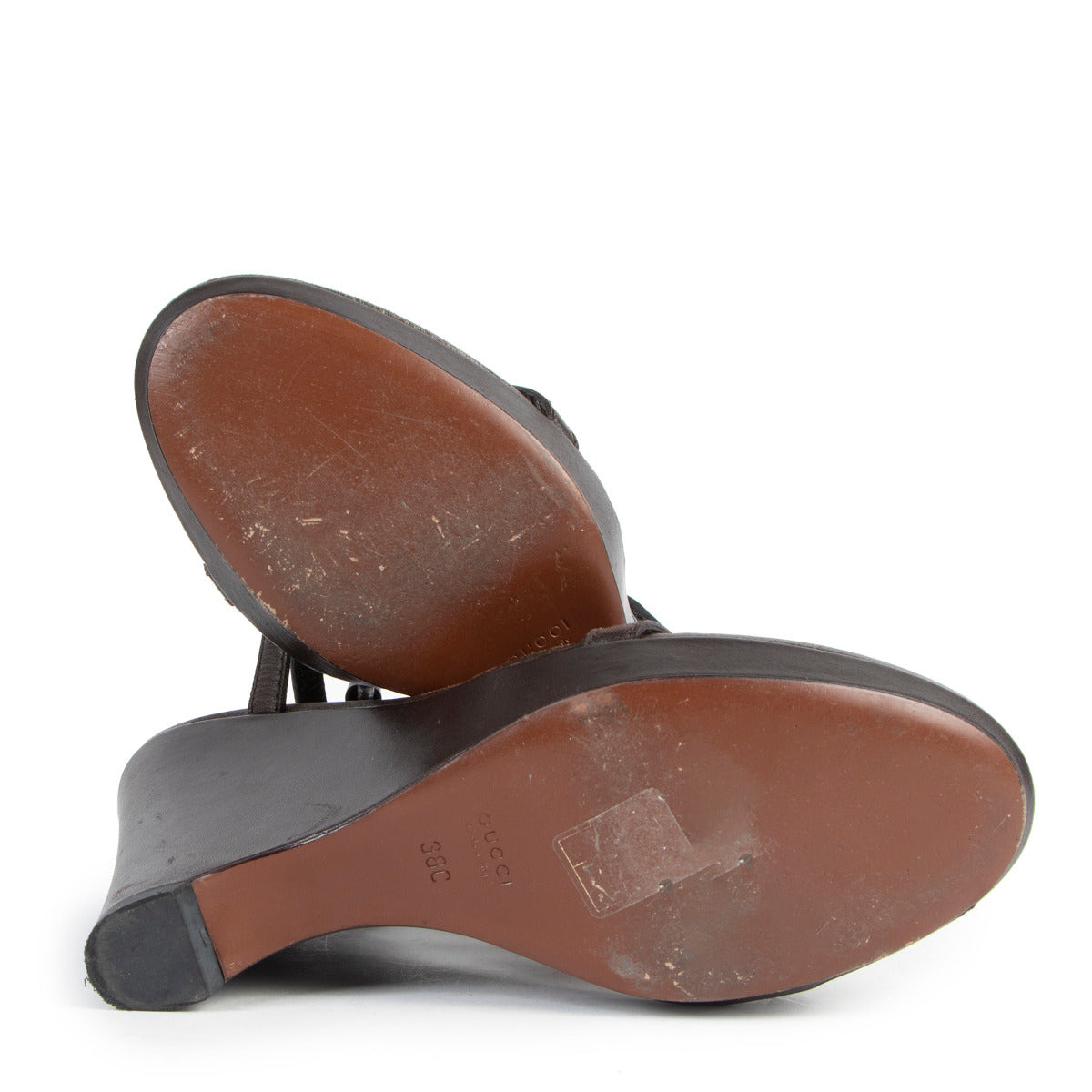 Gucci Brown Leather GG Wedge Sandals - Size 38
