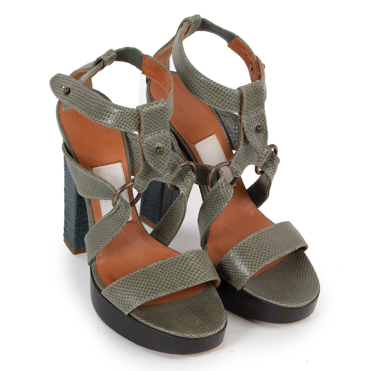 Shop safe online at Labellov in Antwerp these 100% authentic second hand Lanvin Green Lizard Leather Platform Sandals - size 38