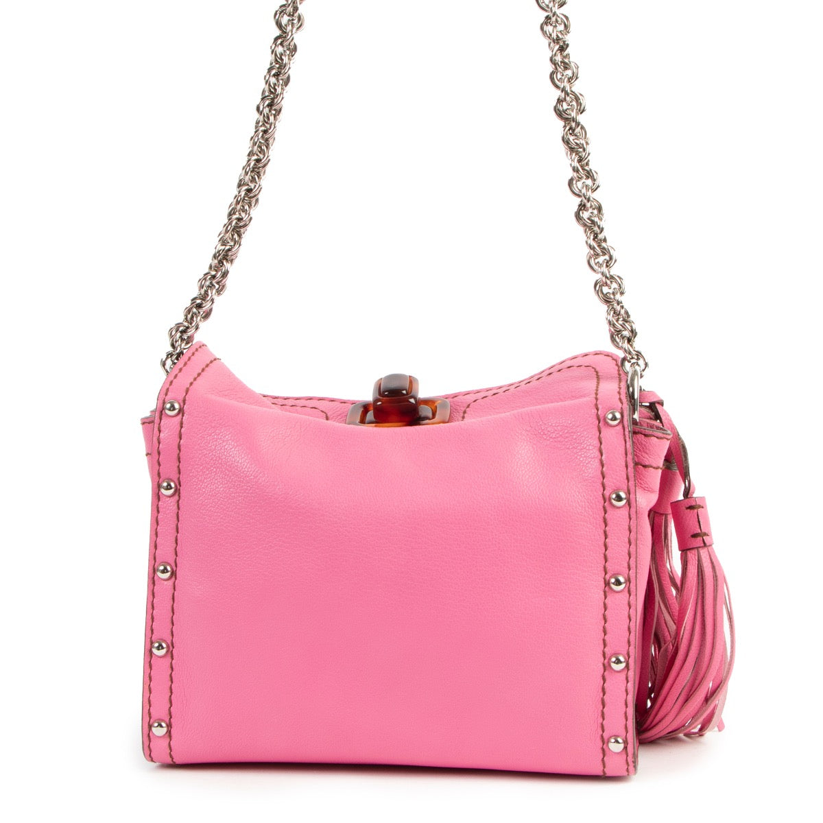 Buy online an authentic second hand Lanvin Pink leather tassel crossbody bag in very good condition at Labellov in Antwerp.