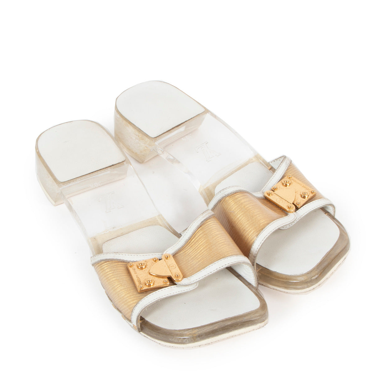 Louis Vuitton White Transparant Acrylic Trim Buckle Sandals aan de beste prijs te koop bij Labellov tweedehands luxe in Antwerpen