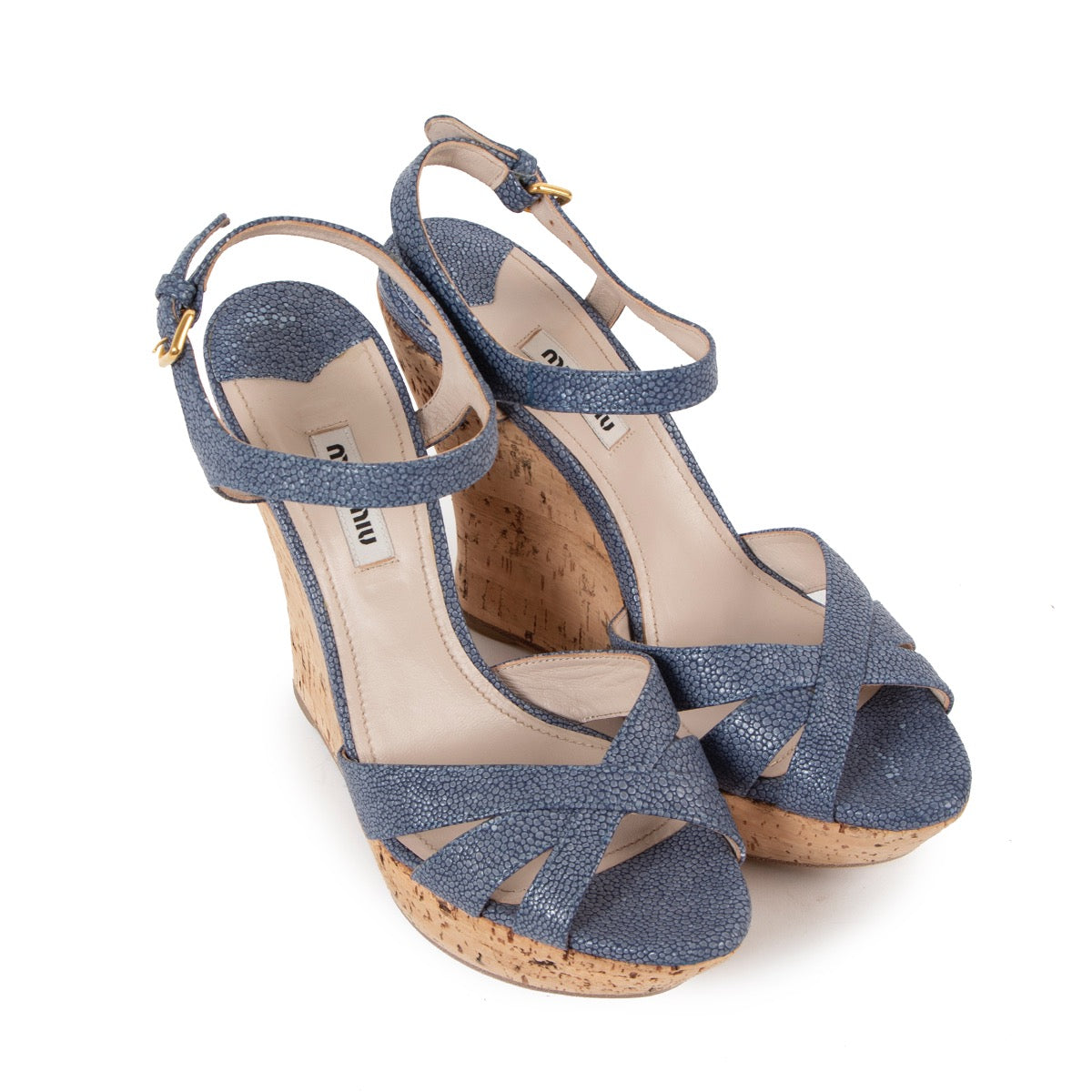 Shop safe online at Labellov in Antwerp these 100% authentic second hand Miu Miu Blue Cork Wedge Sandals - Size 38